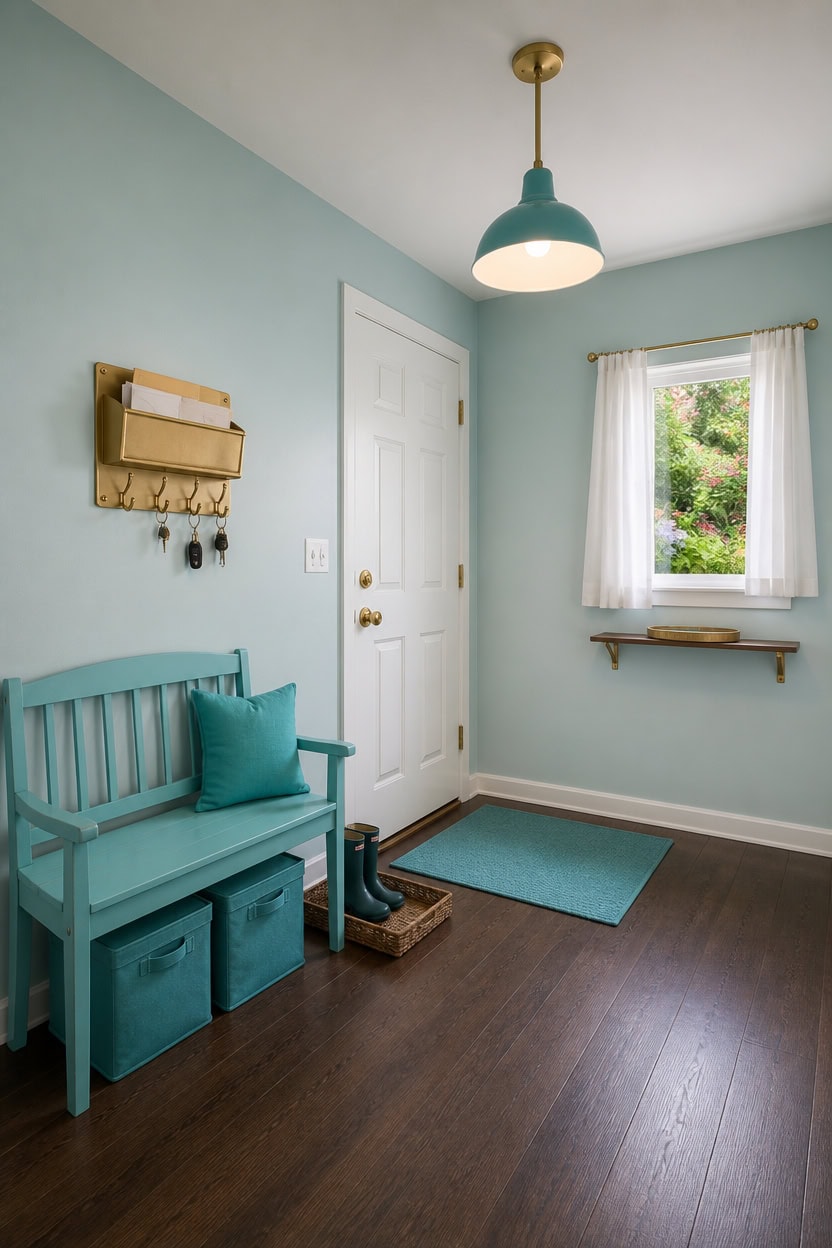Bright entryway with turquoise bench, window, and wall hooks.