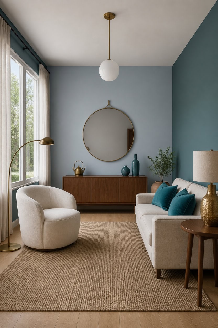 Stylish living room with blue accent wall, white sofa, and large window.
