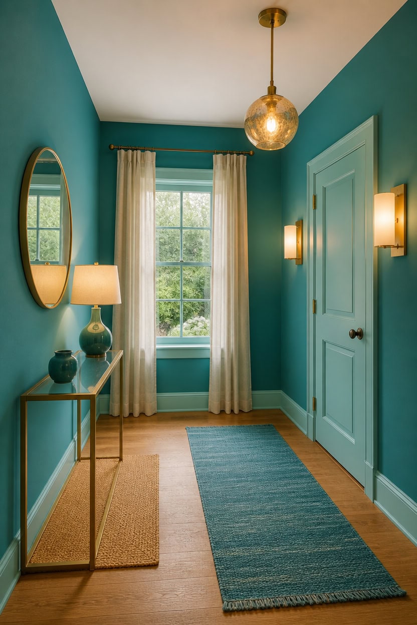 Vibrant blue interior with window, curtains, and modern lighting fixtures.