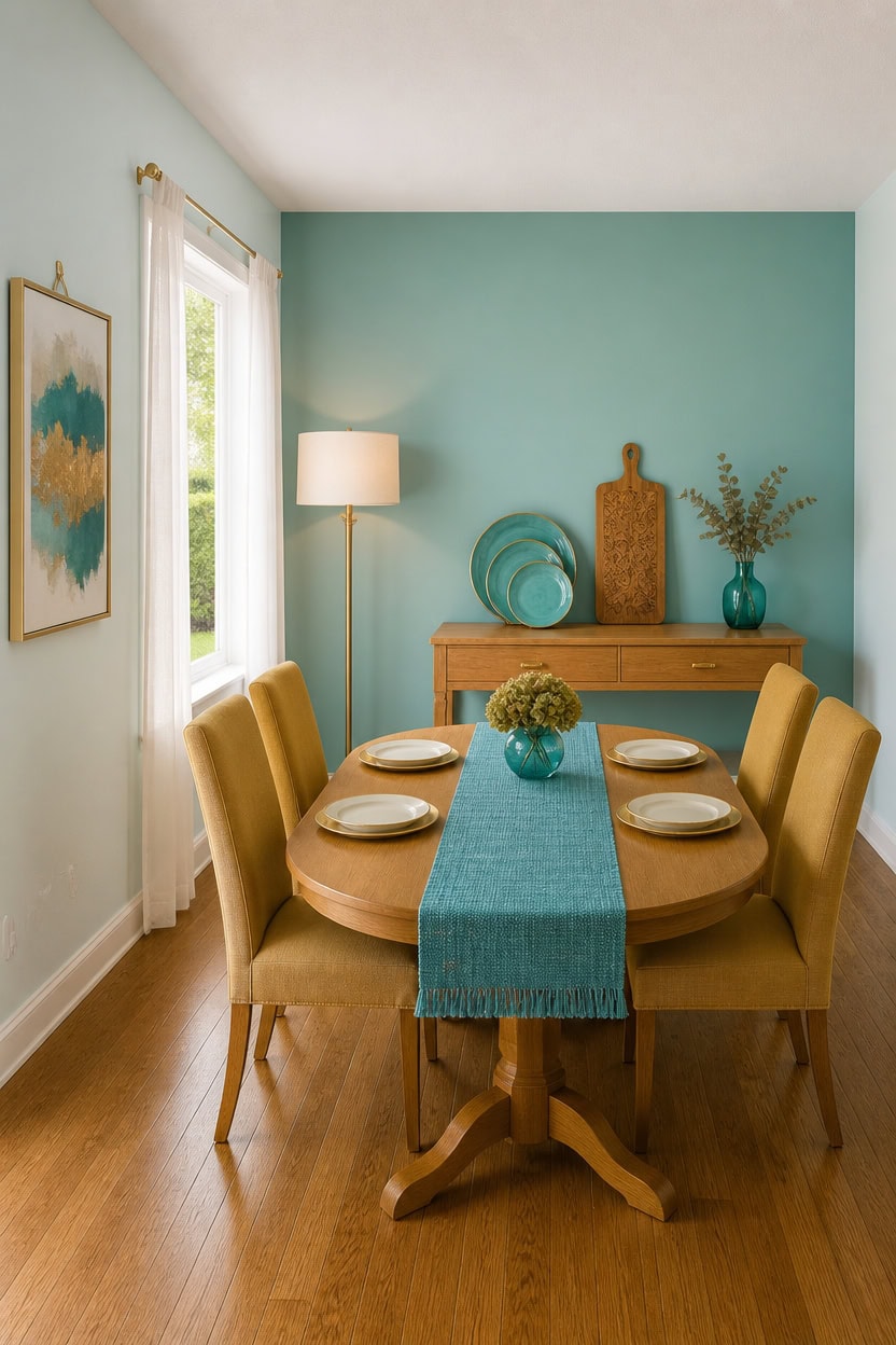 Bright dining room with teal accent wall, wooden table, and yellow chairs.
