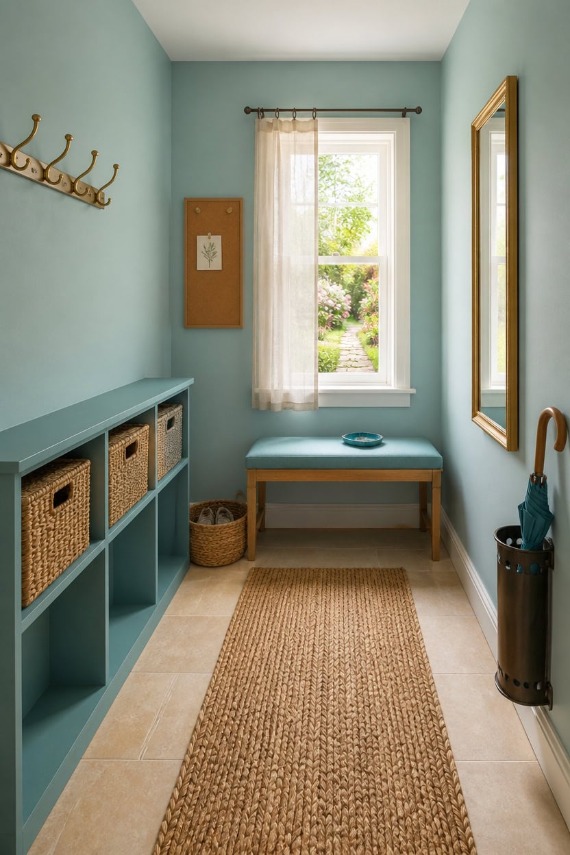 Cozy mudroom with storage bench, window view, and decorative accents.