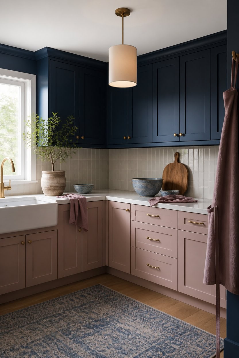 two tone mauve and navy cabinetry