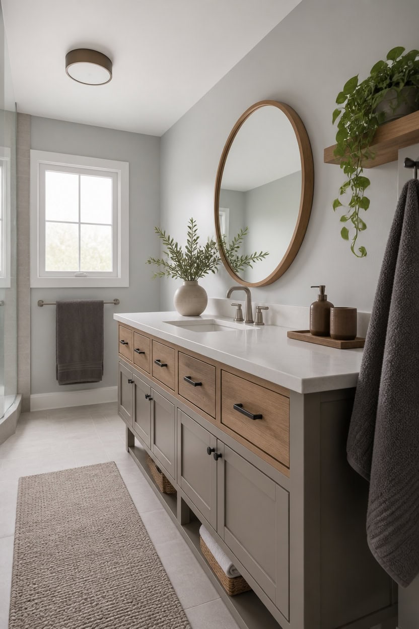two tone vanity with wood