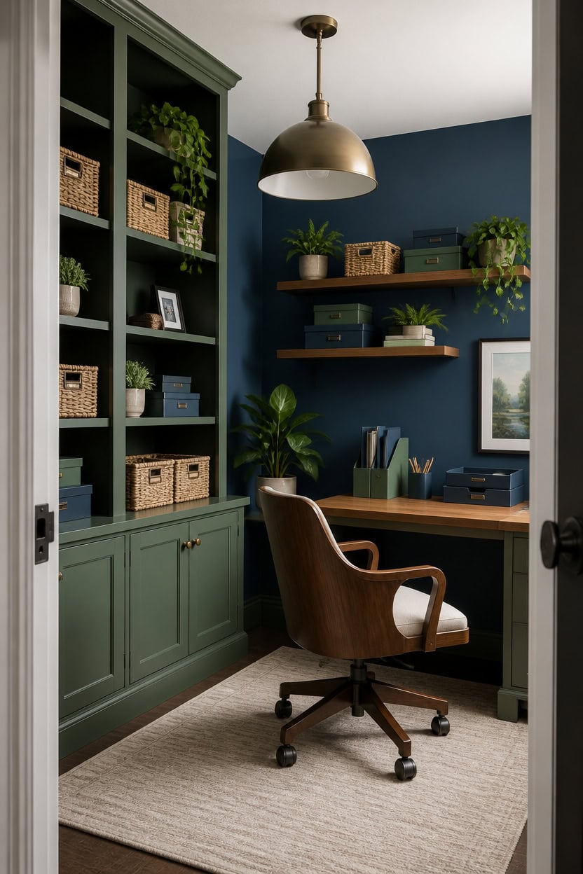 vertical verdigris shelving with trailing plant