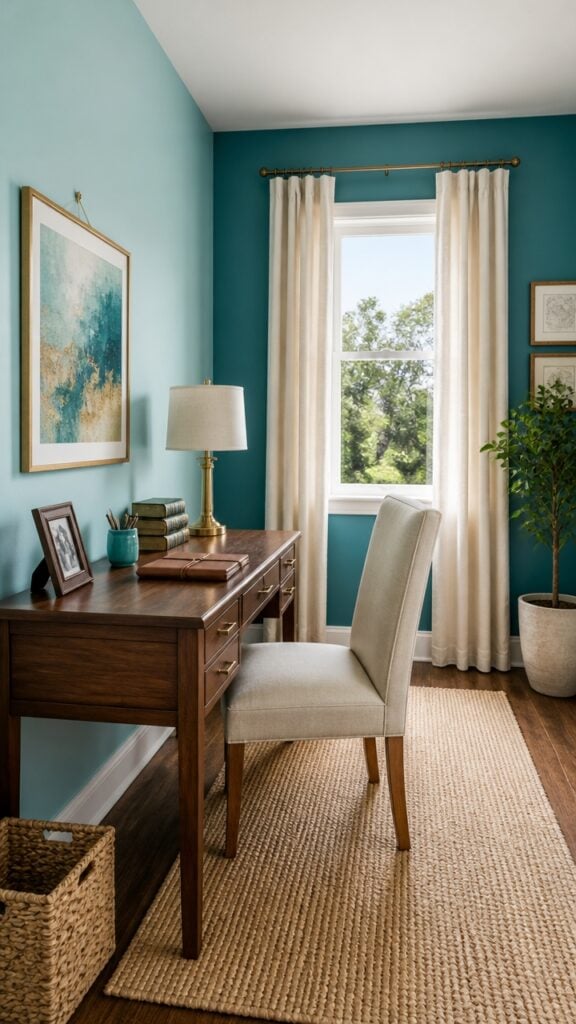 Turquoise and Gold Home Office for the Woman Who Cannot Work Somewhere Boring