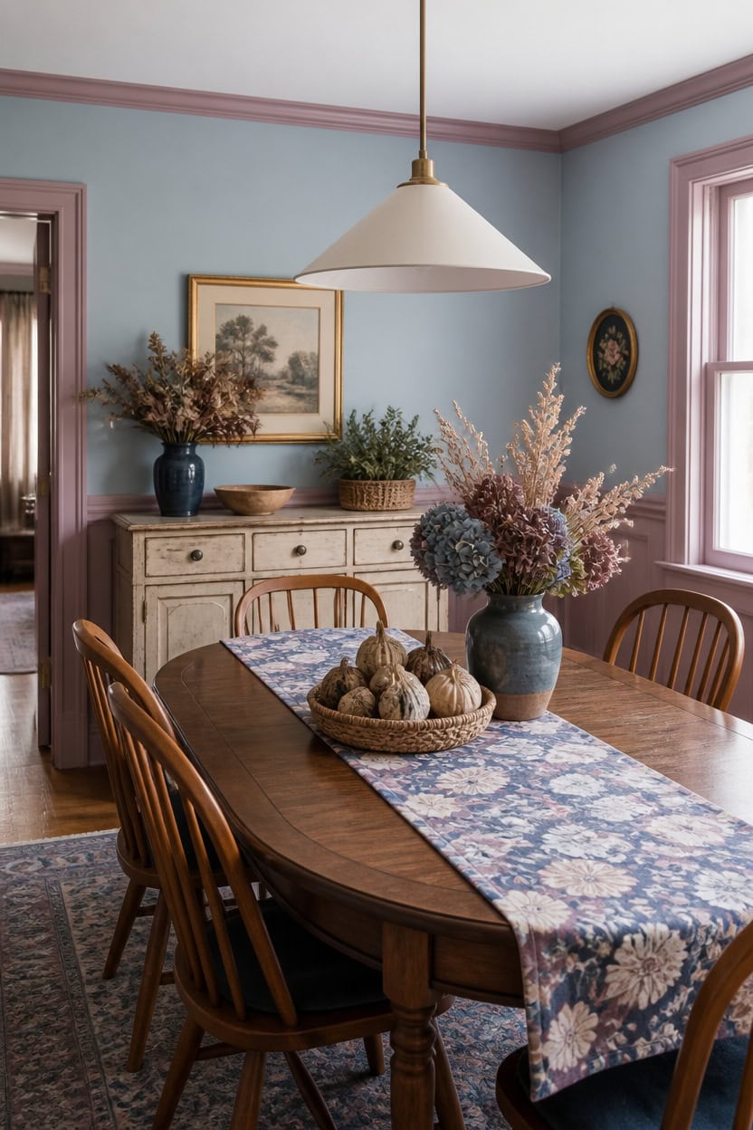 vintage blue mauve dining vignette