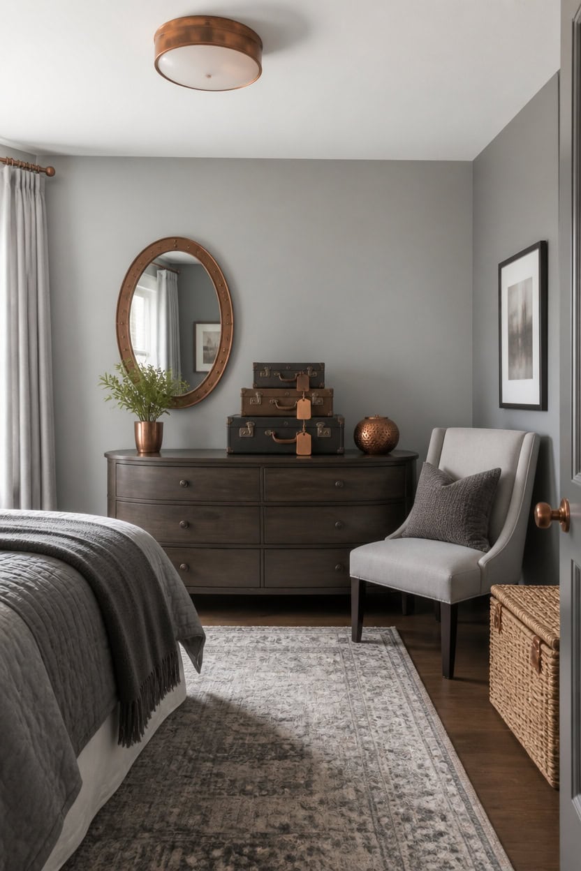 vintage suitcase stacked gray bedroom