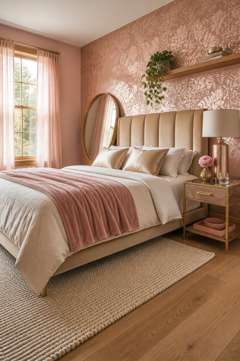 Cozy bedroom with pink and beige decor, large window, and stylish furnishings.