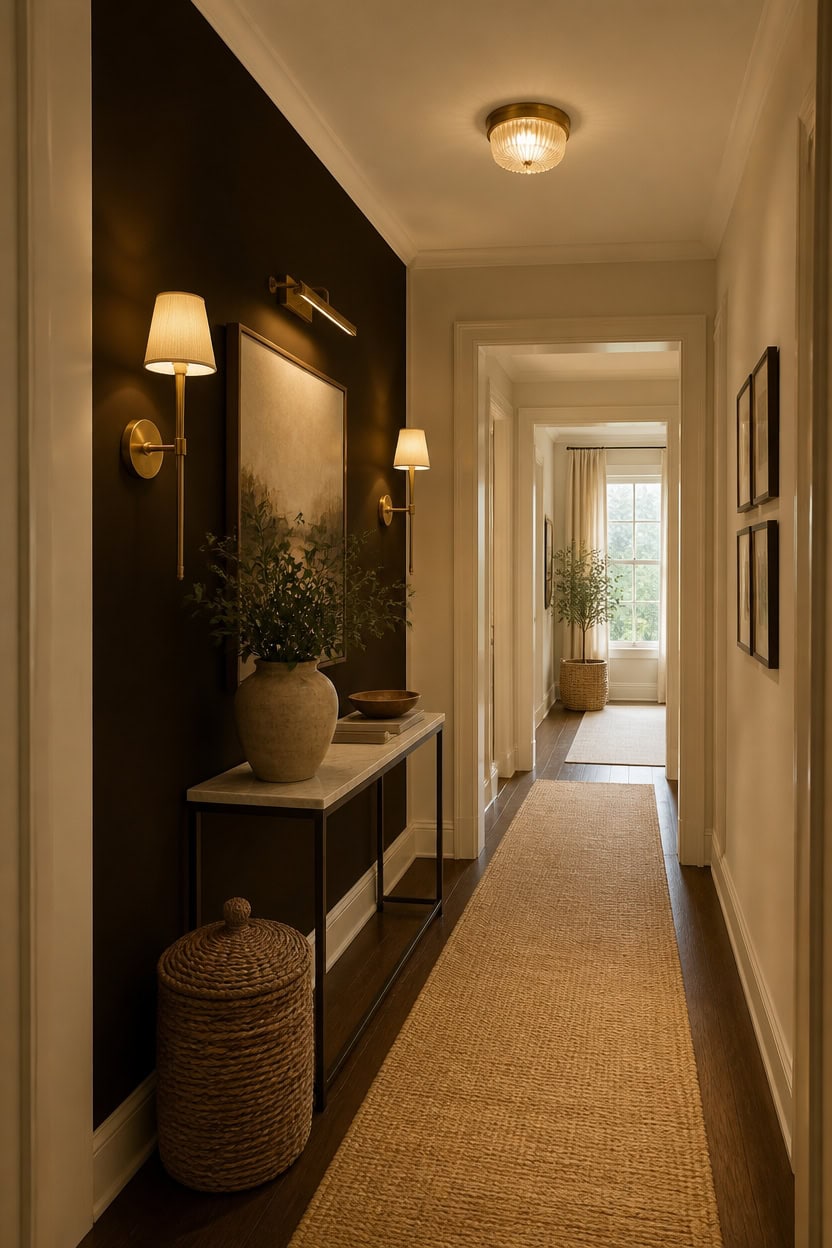 warm brass lit brown hallway