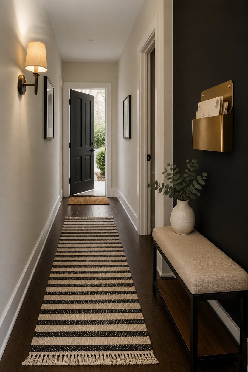Stylish apartment hallway with black door, wall sconces, and striped rug.