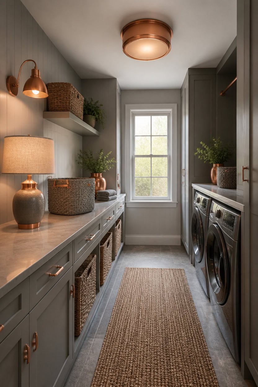 warm copper lit gray laundry