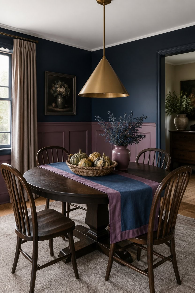 warm dark wood dining vignette