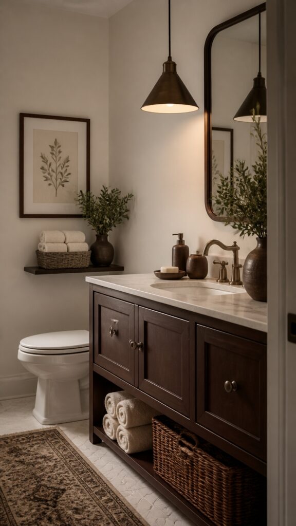 How Dark Brown and Cream Bathrooms Became a Retreat She Built for Herself