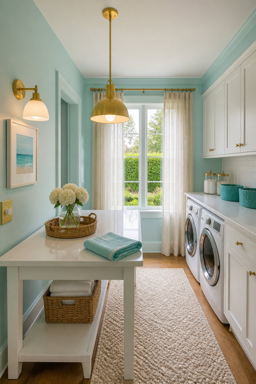 Sunny laundry room with white cabinets, washer, and window view of greenery.