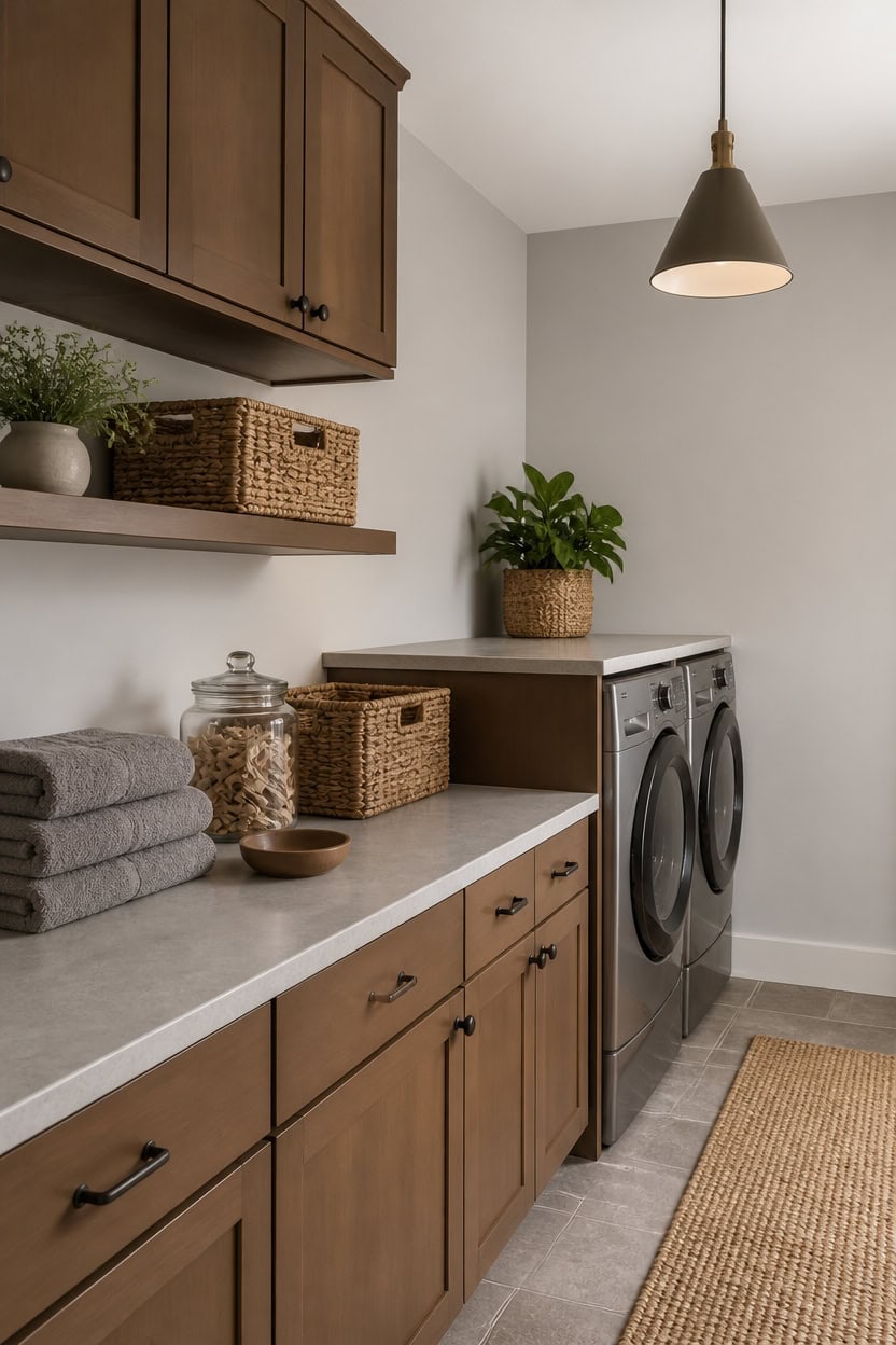 warm gray and brown laundryroom vignette
