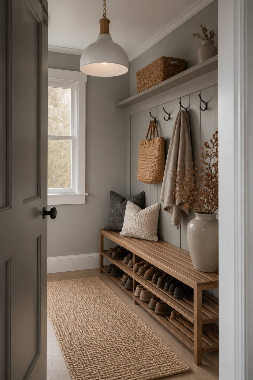 warm gray mudroom balance