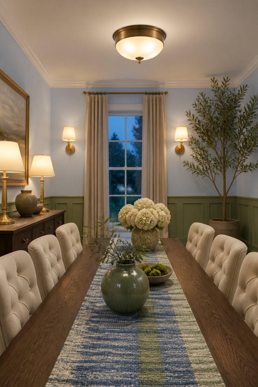 warm layered blue green dining