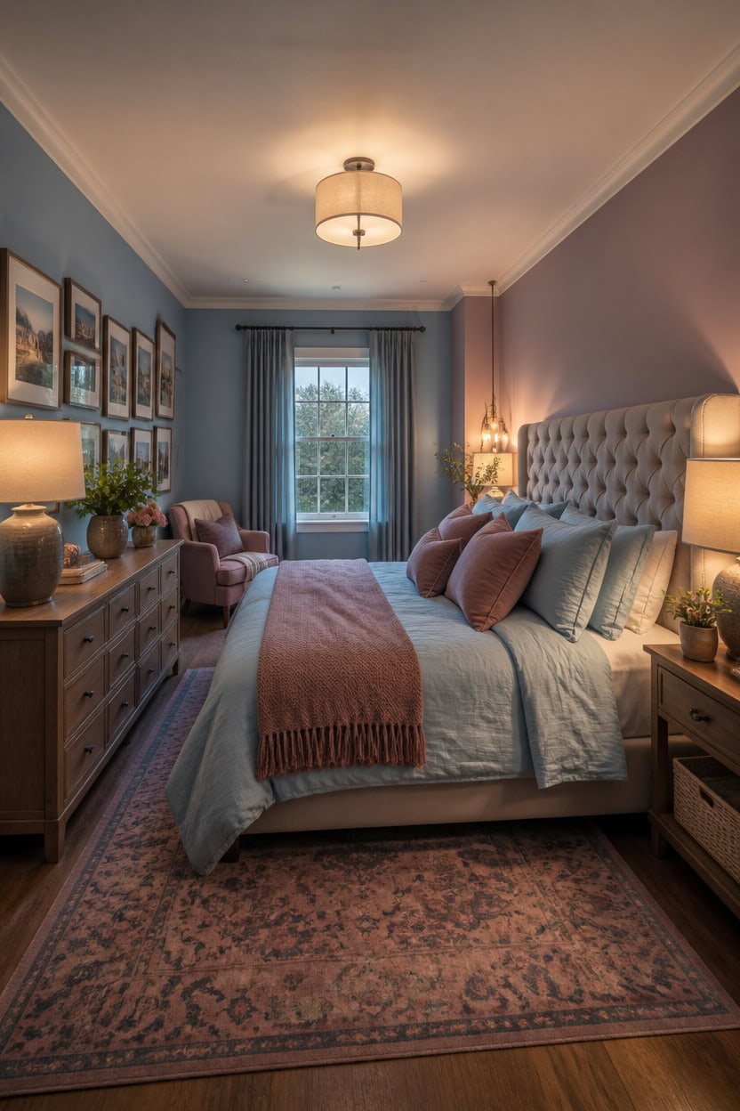 warm layered blue mauve bedroom