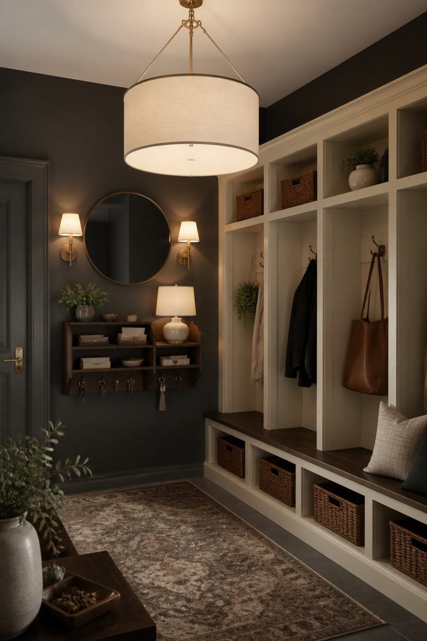 warm lit dark gray mudroom