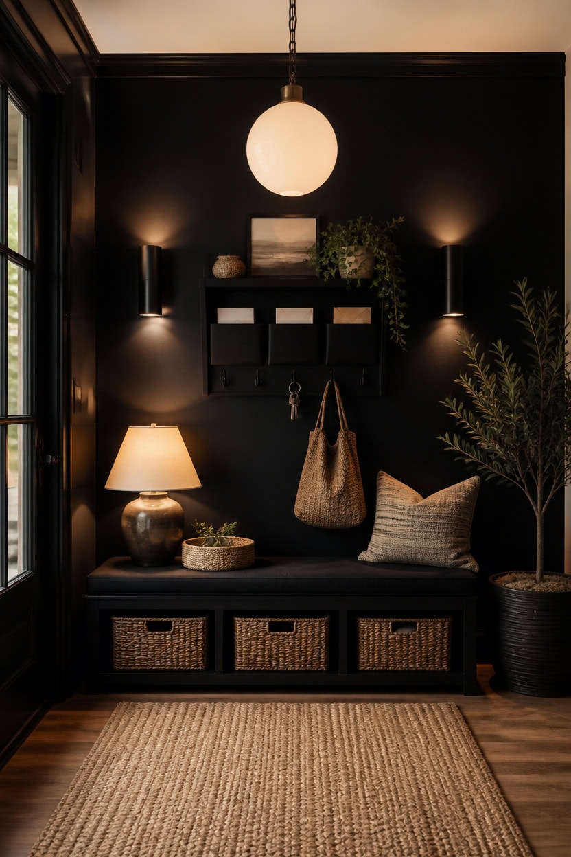warm lit deep black entryway