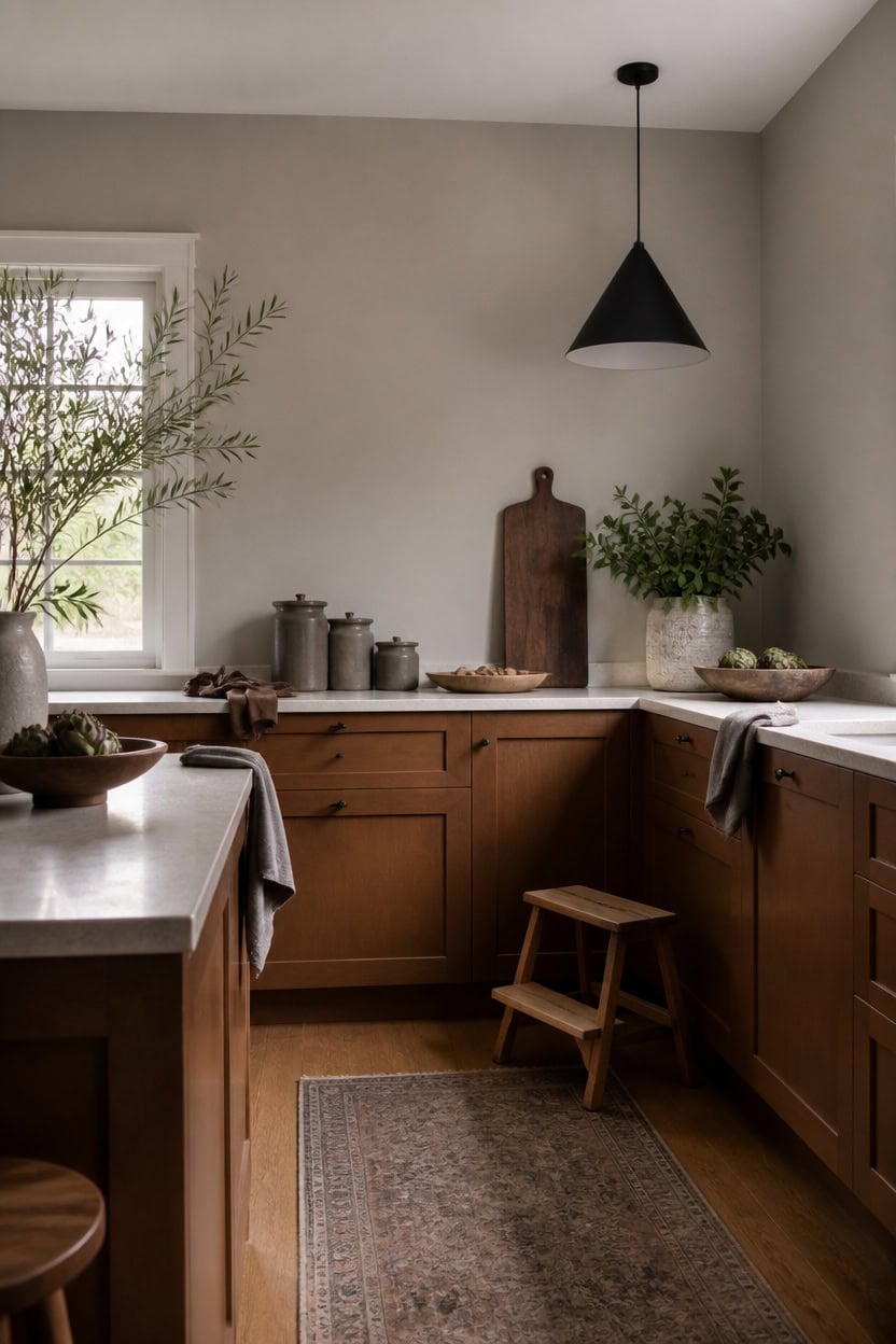 warm tawny cabinets tranquil walls