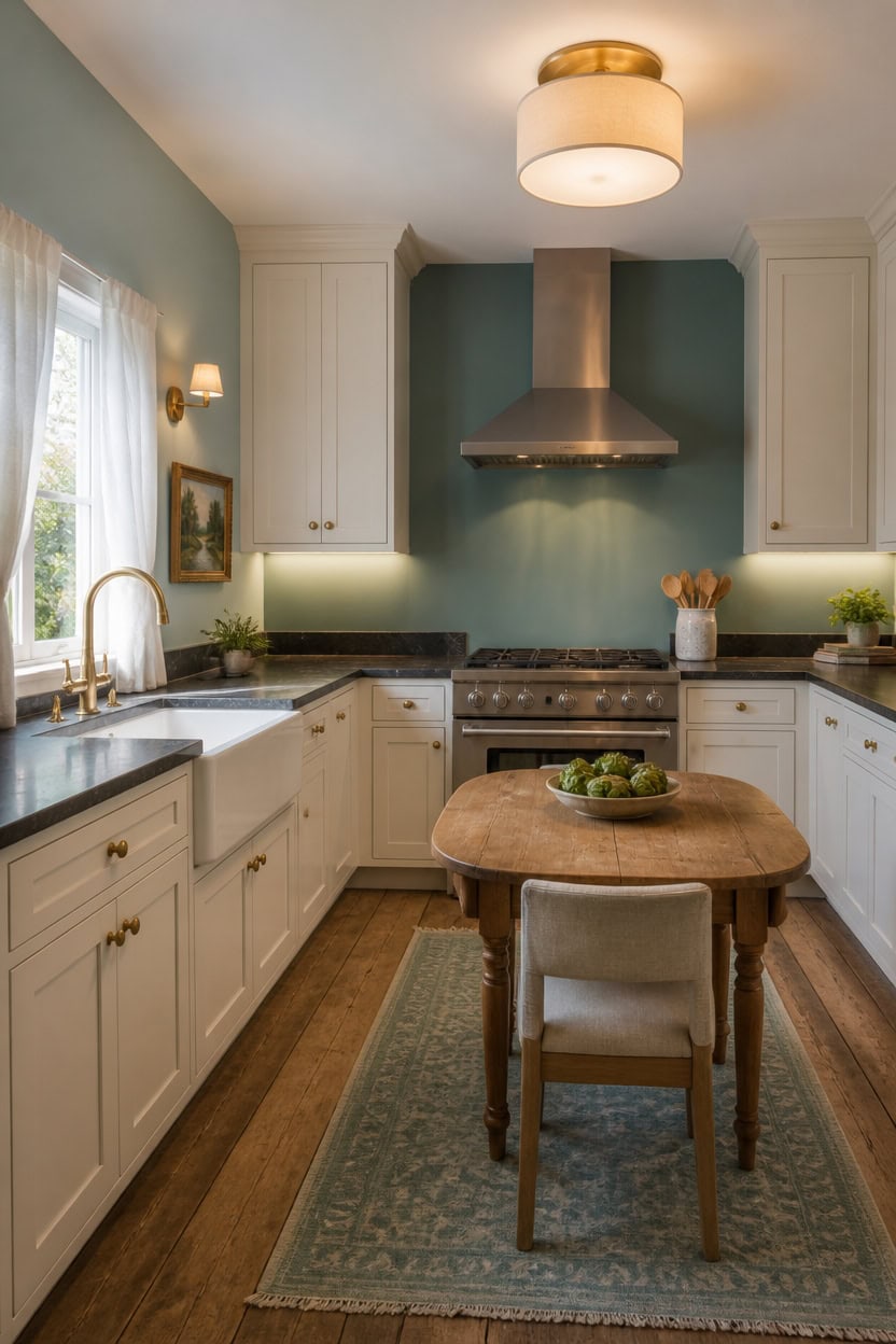 Bright modern kitchen with white cabinets, blue accent wall, and wooden dining table.