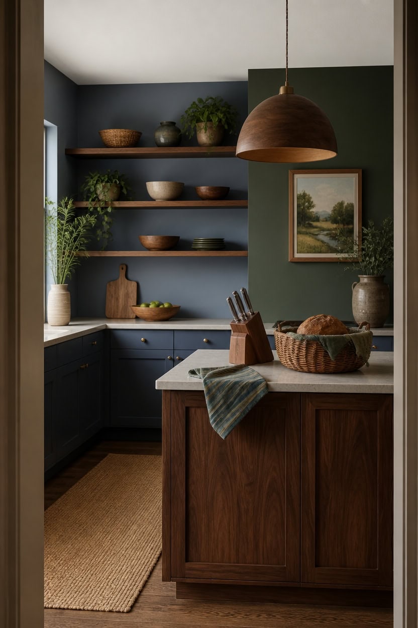 warm walnut anchors cool cabinetry
