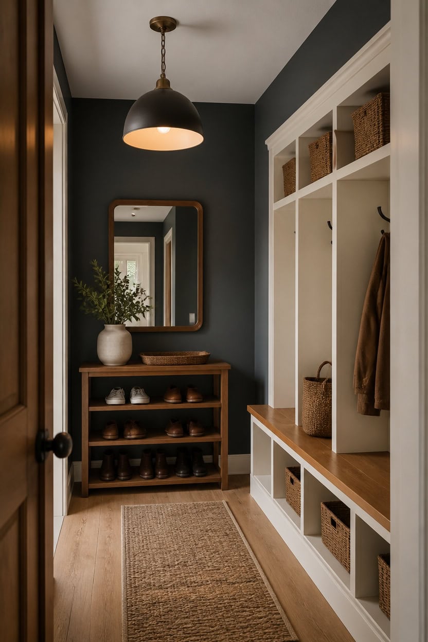 warm wood against gray cream