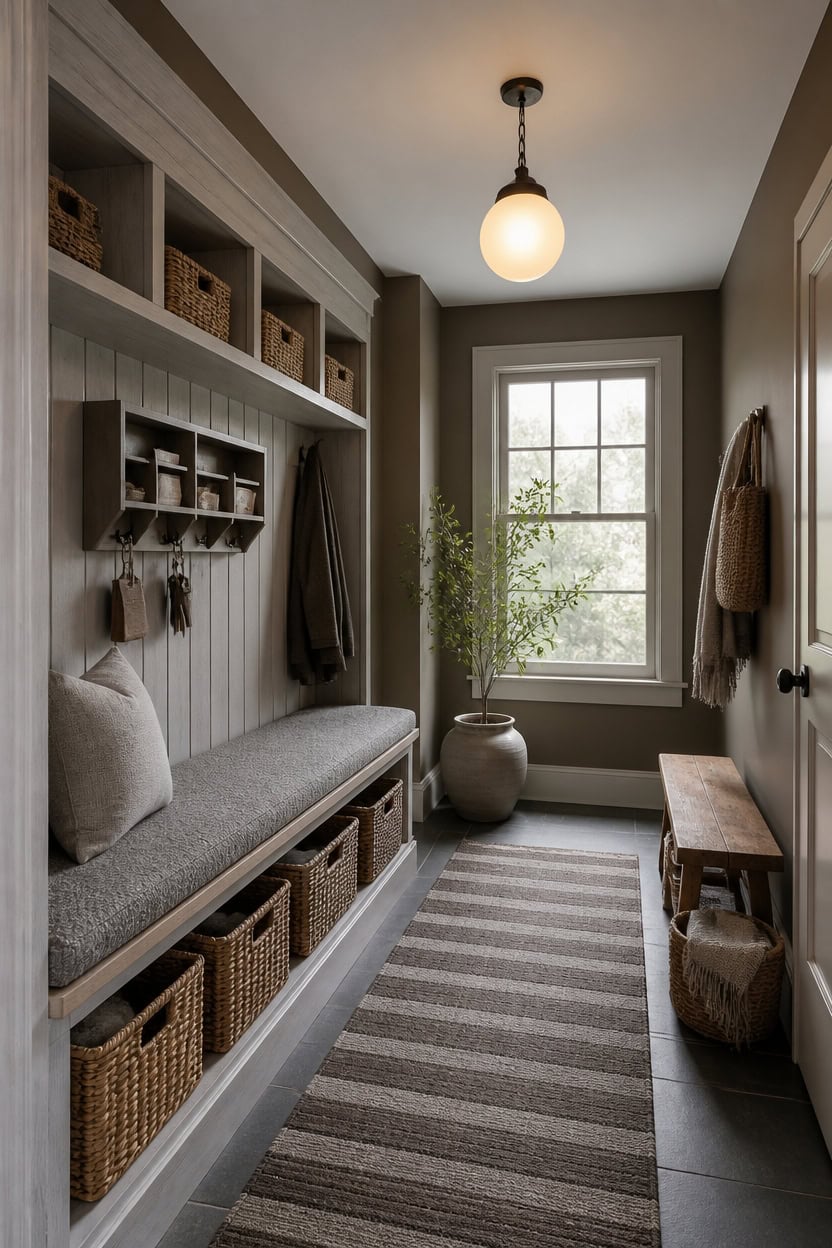 weathered gray bench entryway