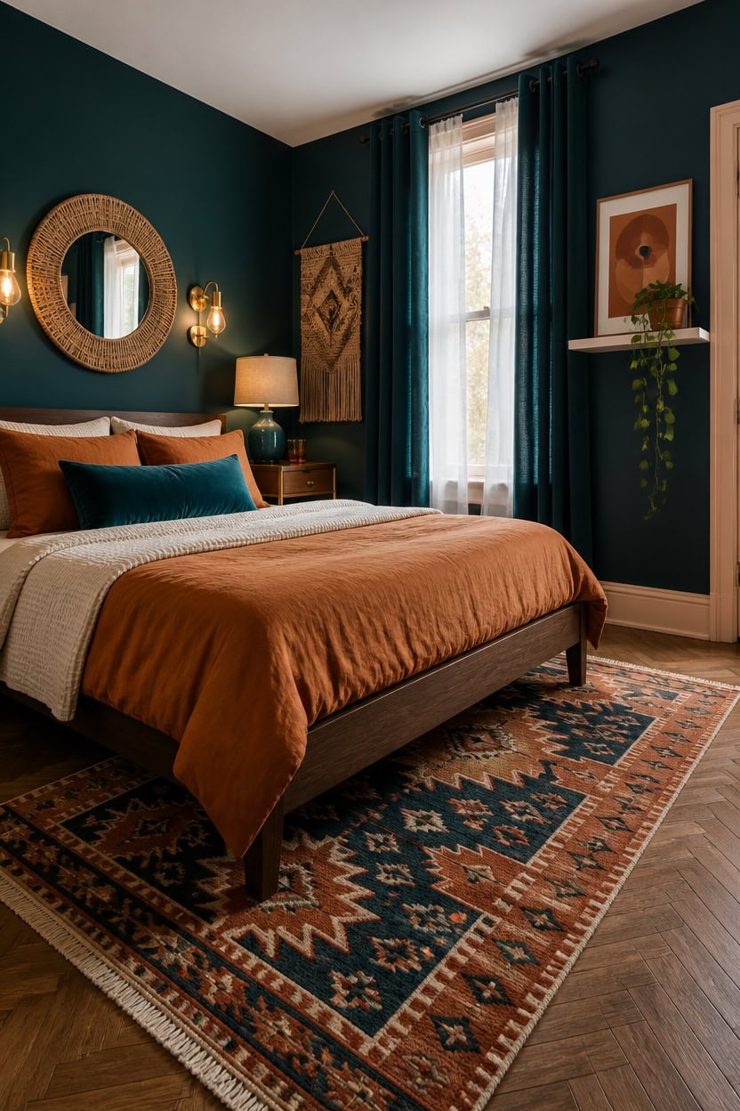Stylish bedroom with teal walls, warm bedding, and decorative wall art.