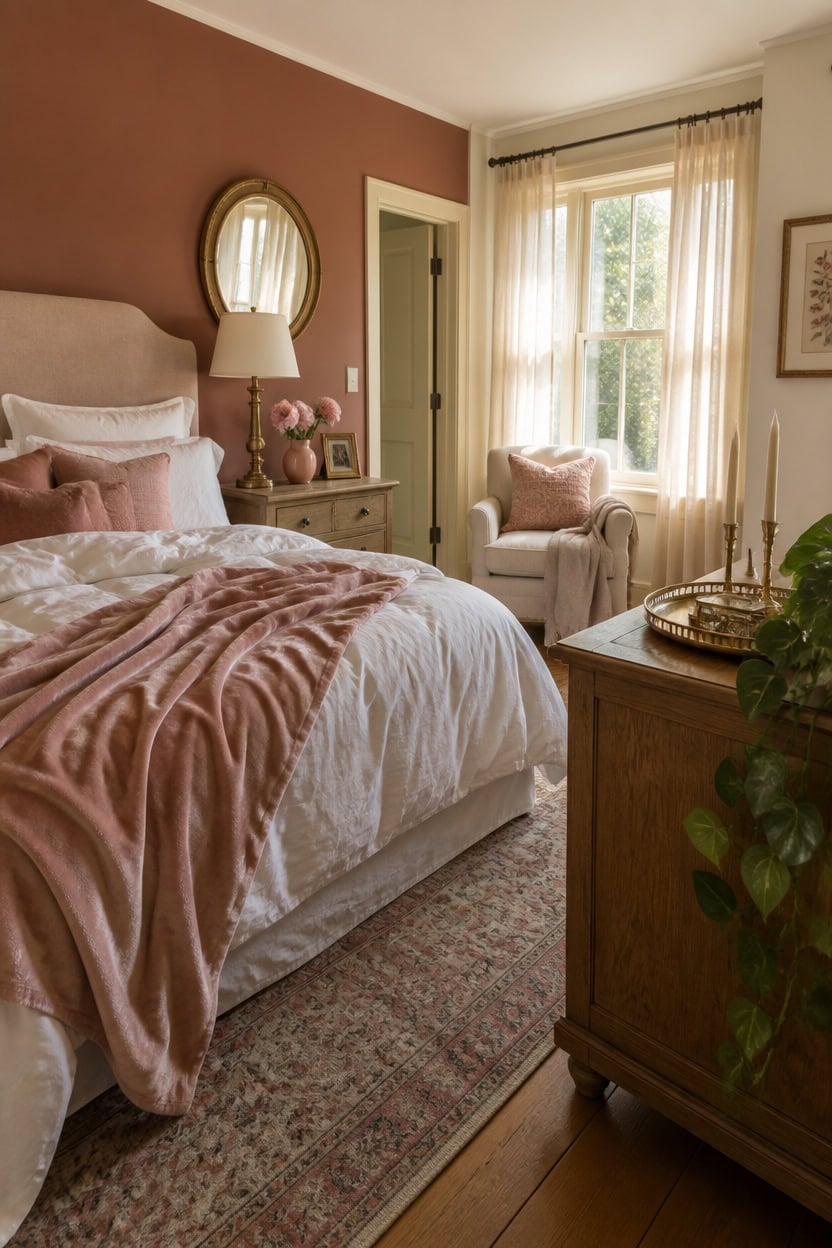 Bright bedroom with pink accents, plush bedding, and natural light from large window.