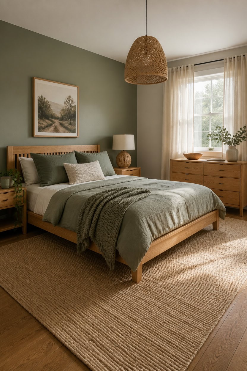 Bright bedroom with green walls, wooden furniture, and natural light from window.