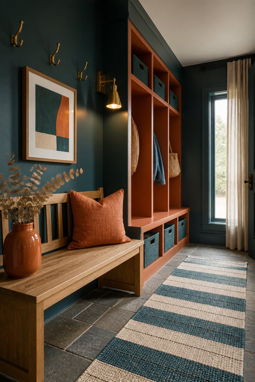 Modern entryway with built-in storage, artwork, and decorative accents.
