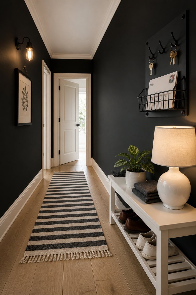 Stylish entryway with black walls, white furniture, and decorative hooks.