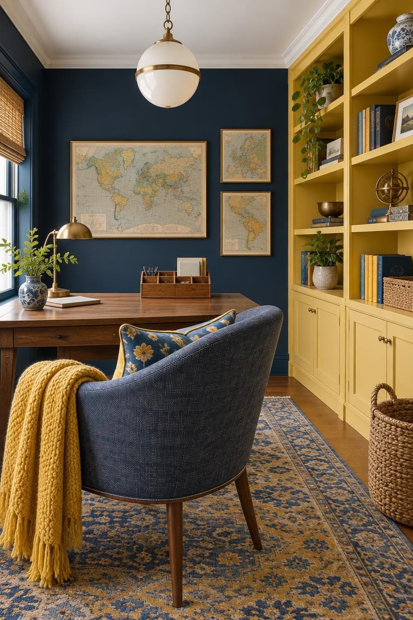 Stylish home office with navy walls, yellow bookshelf, and world maps.