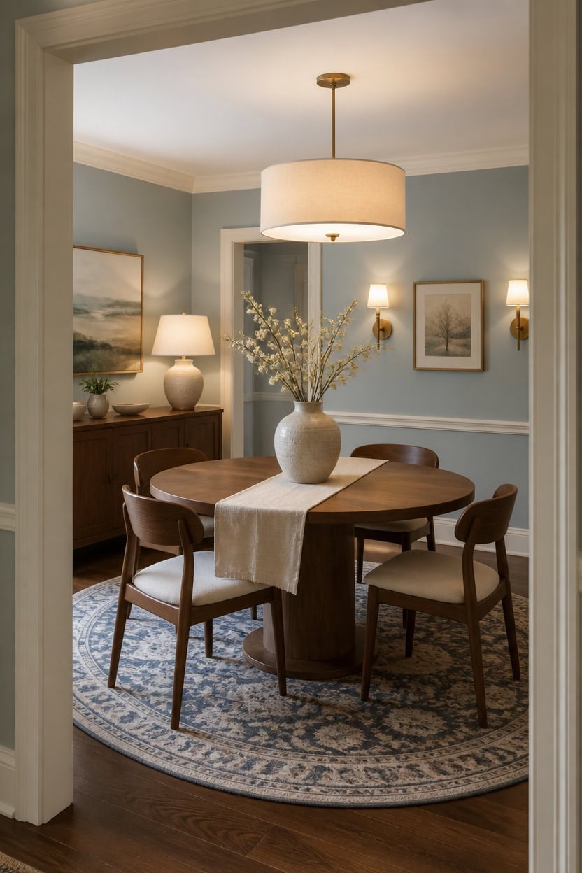 Stylish dining room with round table, chandelier, and soft lighting.
