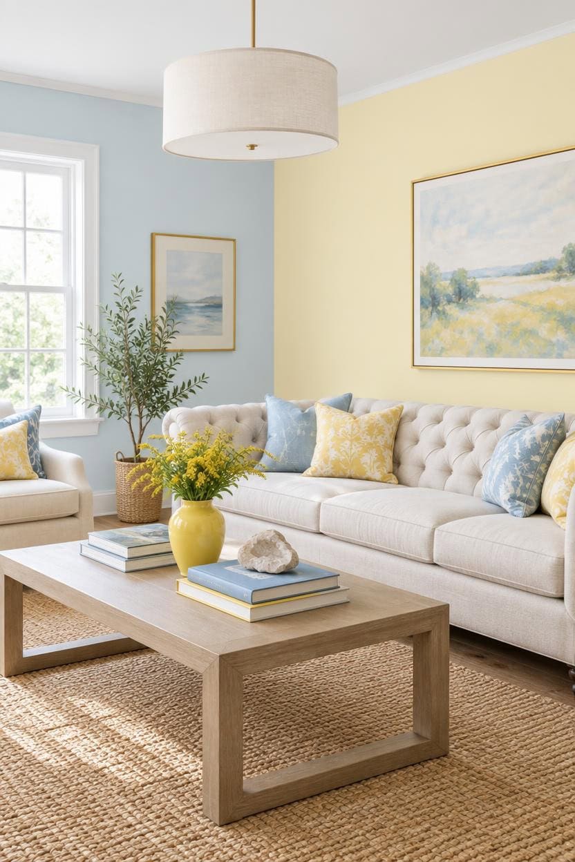 Cozy living room with pastel walls, large window, and elegant furniture.