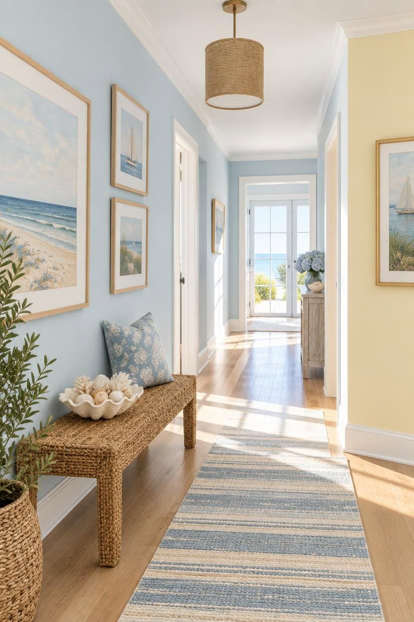 Sunny apartment hallway with coastal decor, artwork, and natural light.
