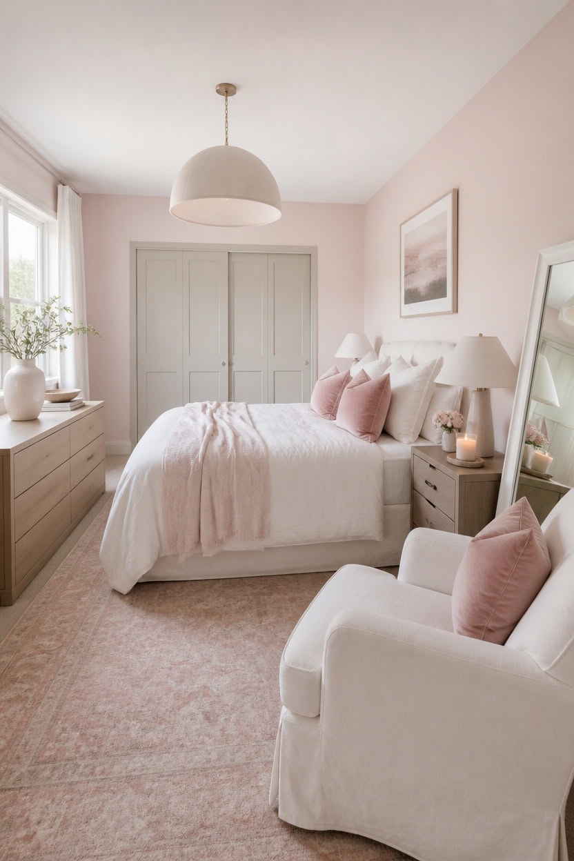 Bright bedroom with pink accents, white furniture, and natural light.
