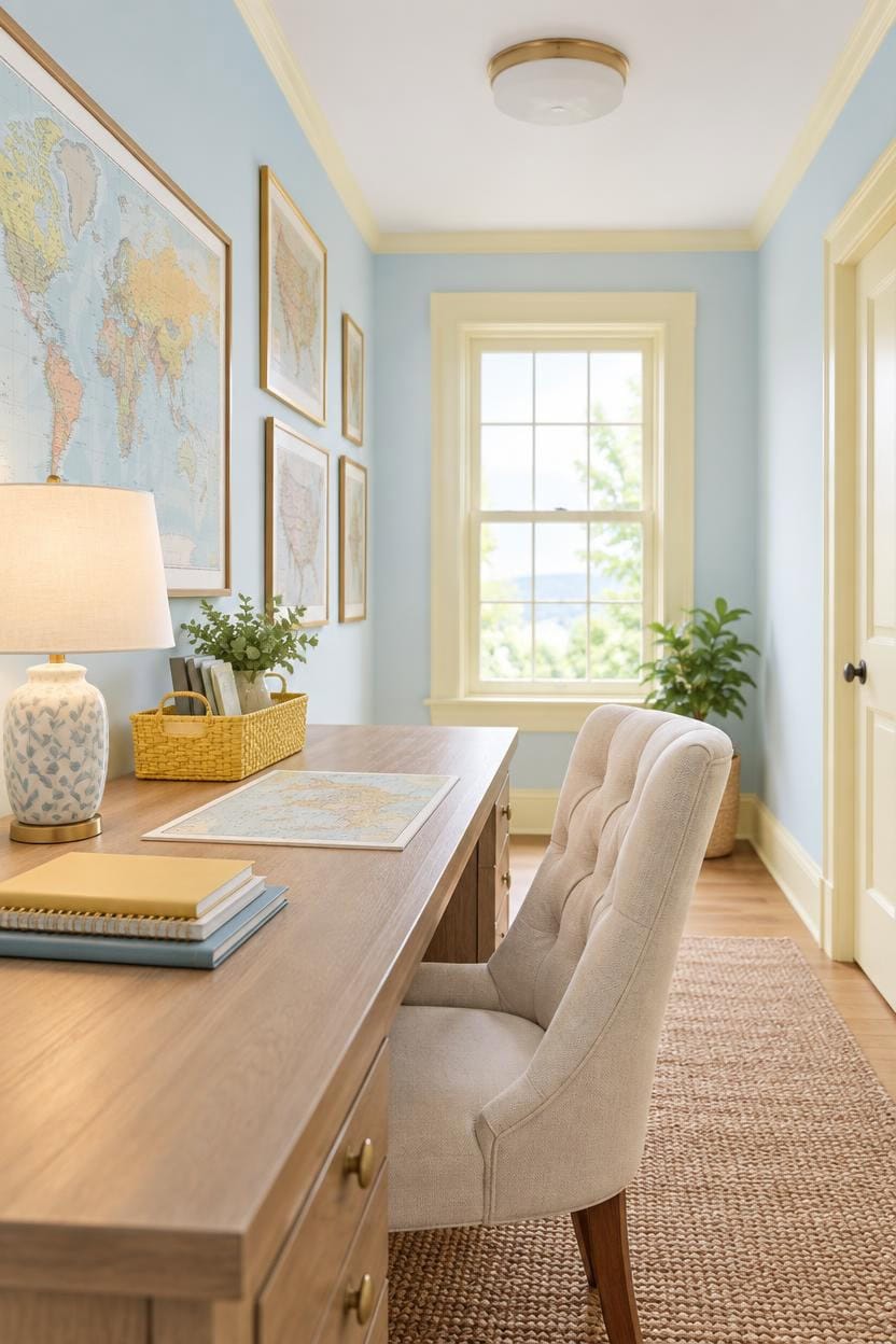 Cozy home office with a world map, desk, and comfortable chair near a window.