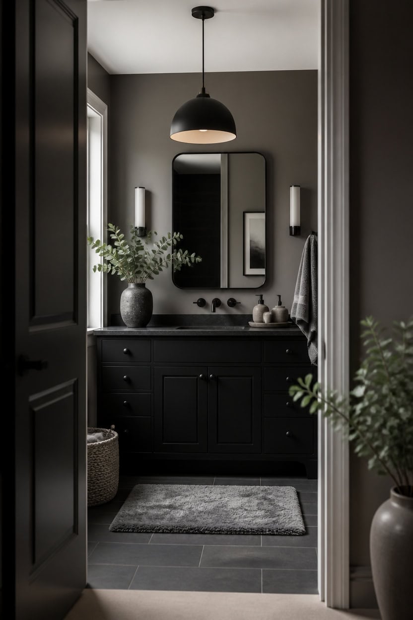 Contemporary bathroom with black vanity, mirror, and minimalist decor.