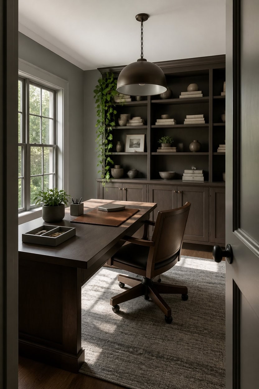 angled desk grounded brown shelves