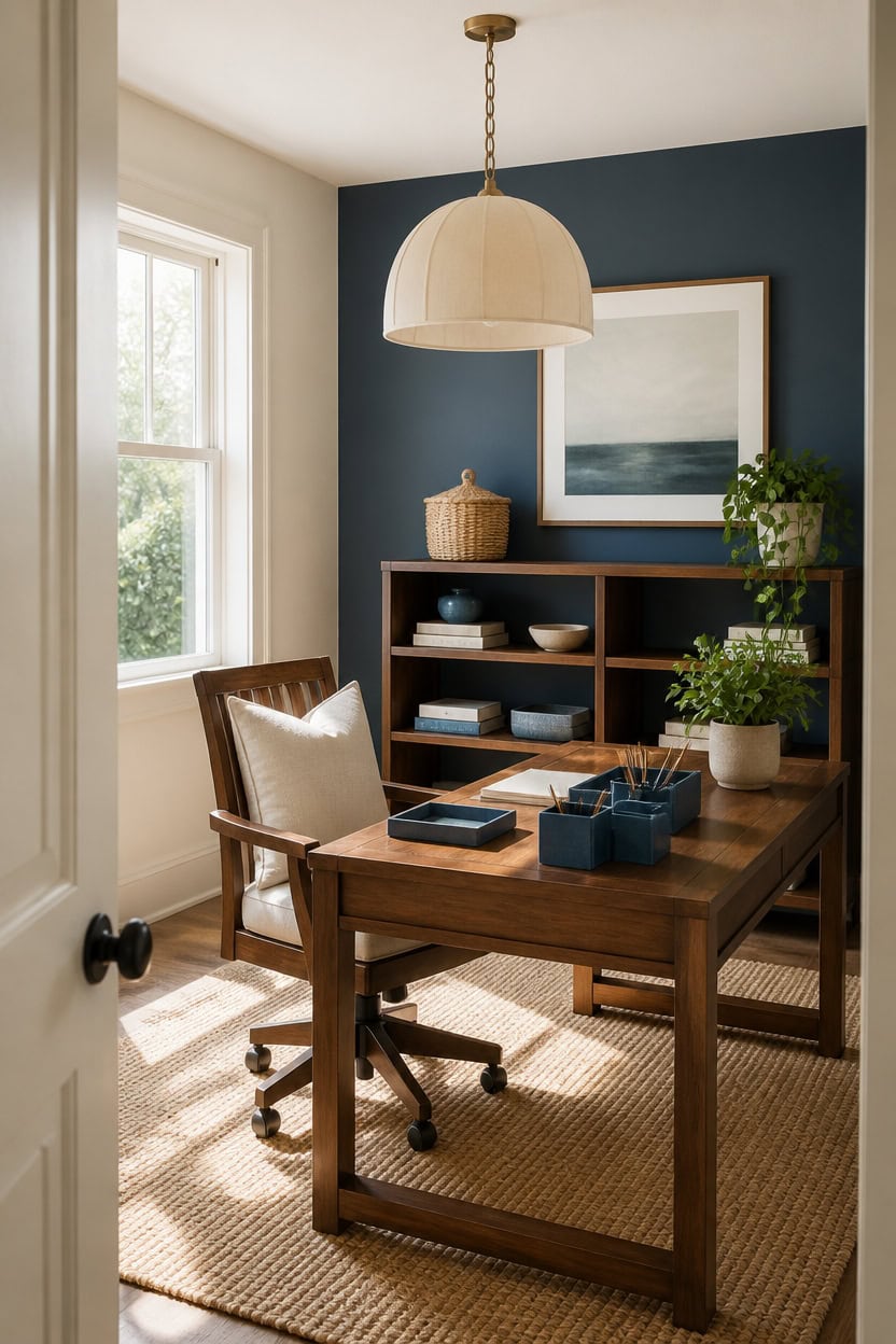 Home office with wooden desk, blue accent wall, and natural light.