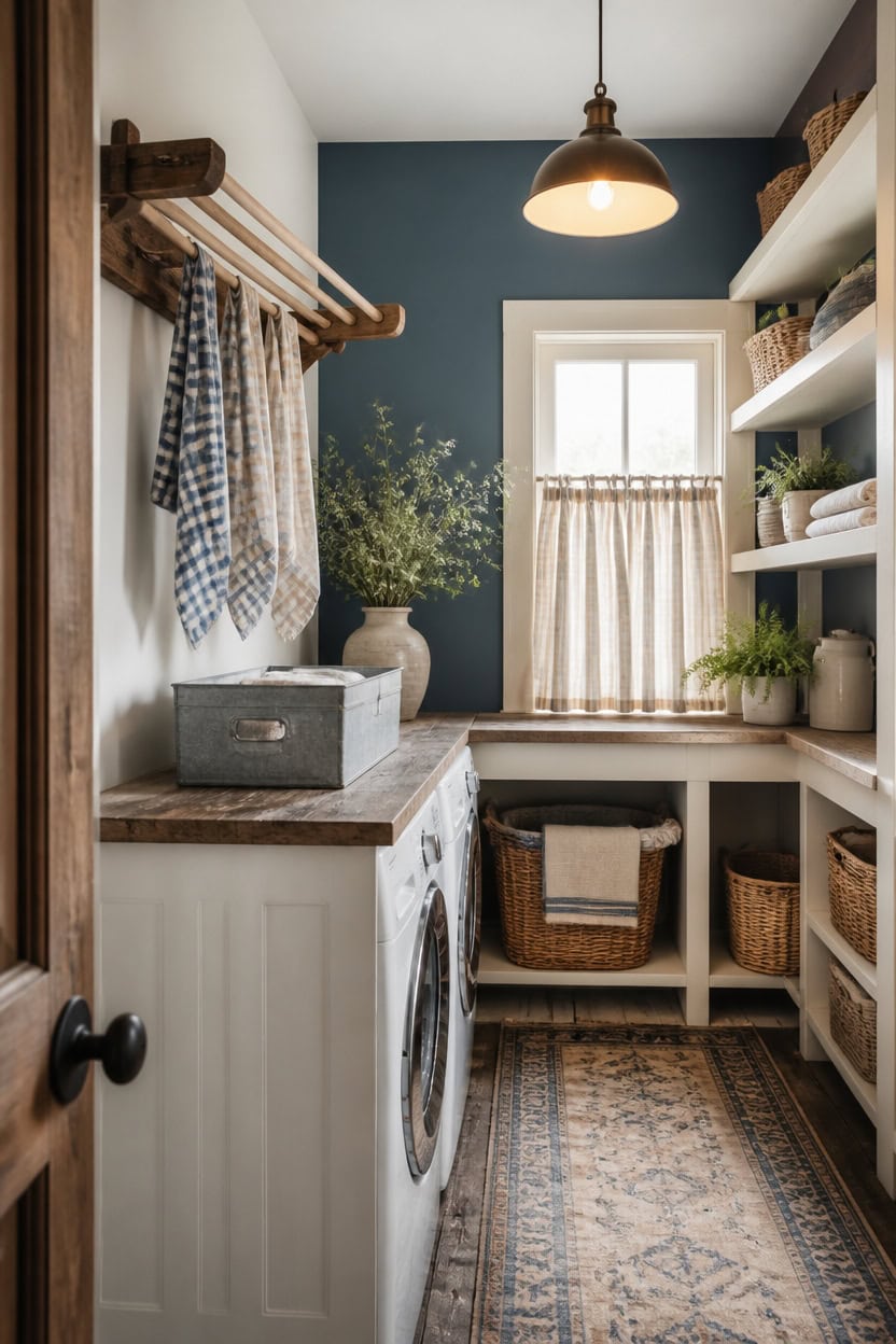 Bright laundry room with shelves, window, and washing machine.