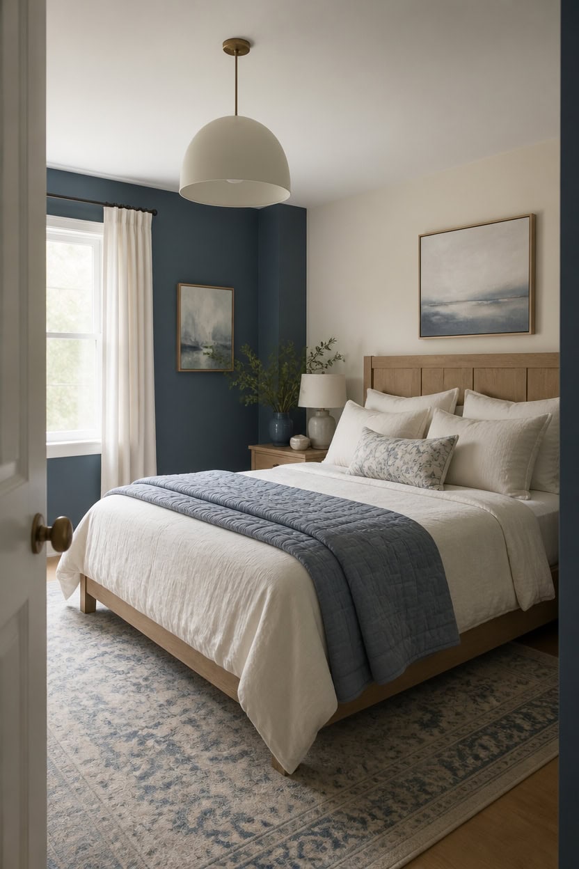 Bright bedroom with a large bed, blue accent wall, and natural light from window.