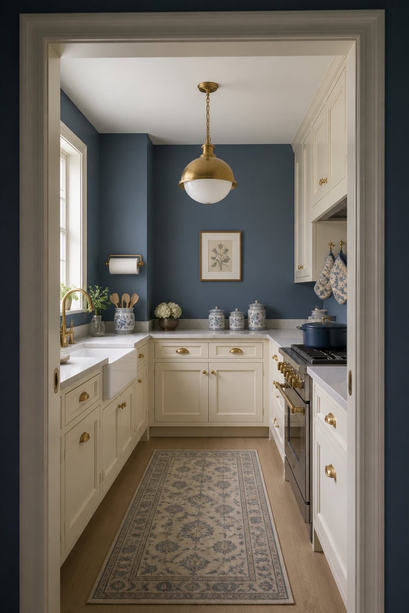 Cozy kitchen with white cabinets, blue walls, and gold accents.