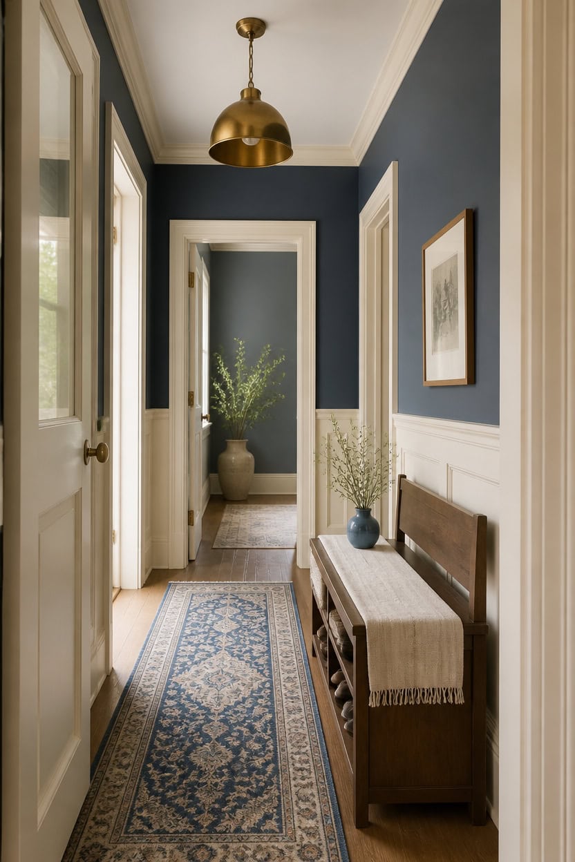 Stylish apartment hallway with navy walls, white trim, and vintage rug.