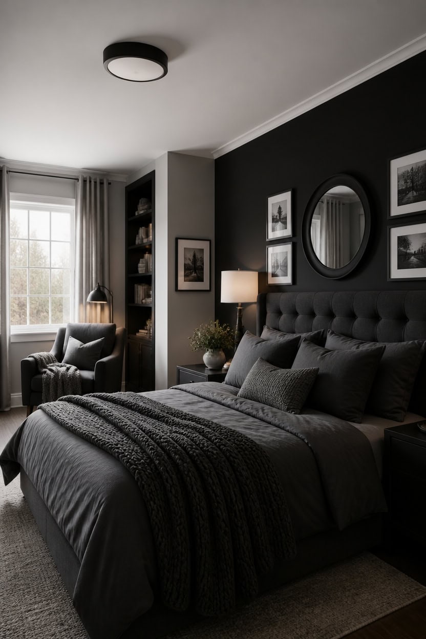 Stylish bedroom with dark accent wall, cozy bed, and natural light from window.