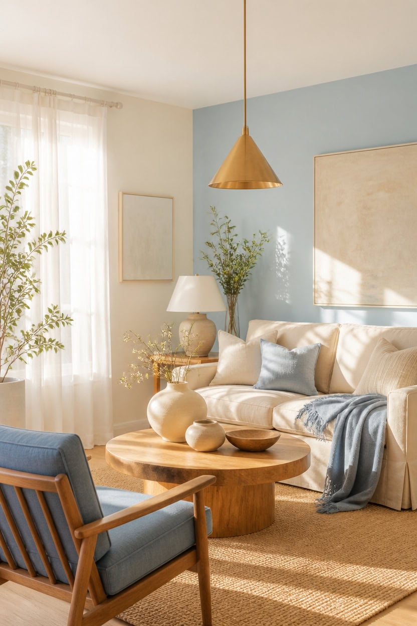 Cozy living room with beige sofa, wooden coffee table, and natural sunlight.
