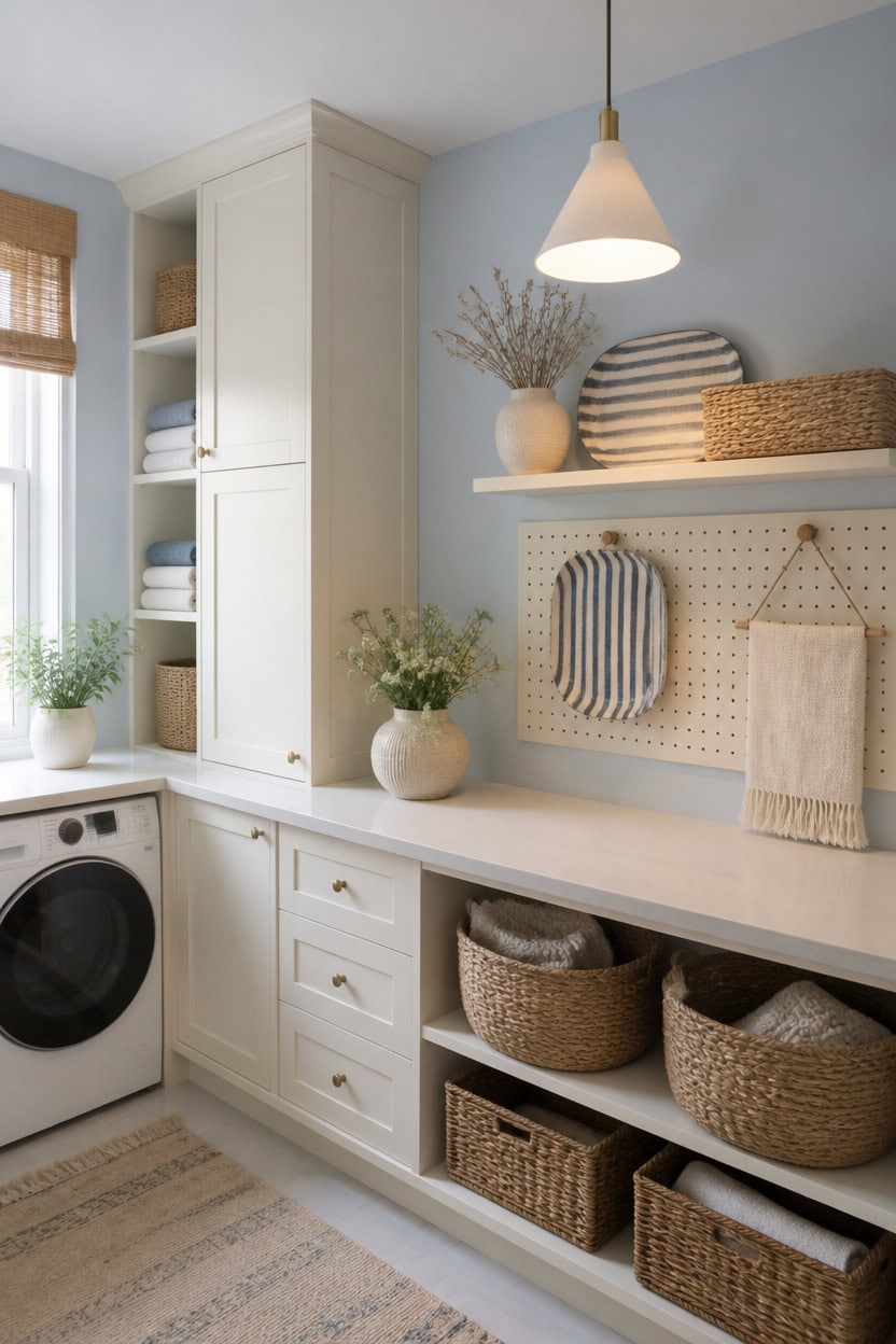 Bright laundry room with white cabinets, baskets, and decorative accents.